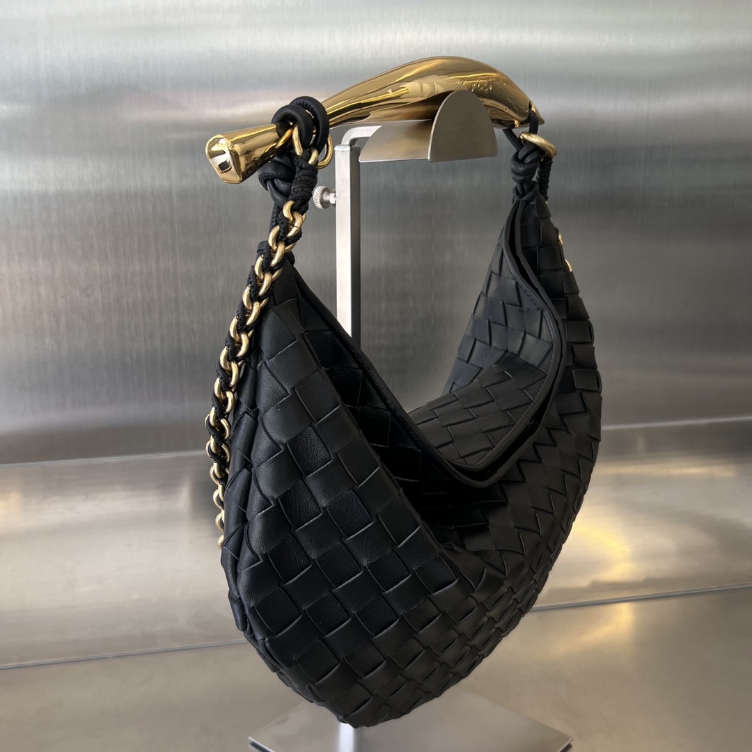 Small Sardine Intrecciato Leather Shoulder Bag With Chain Black